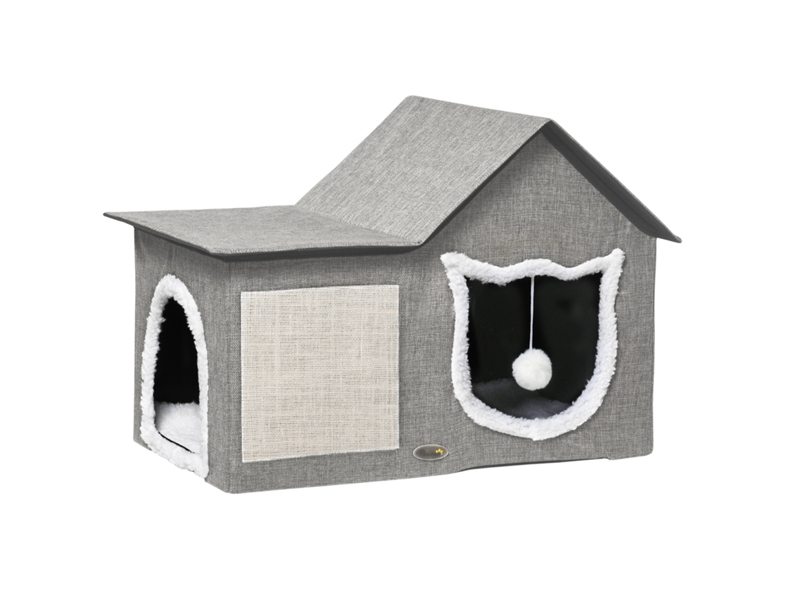 Casinha de Gato com Superfície de Arranhão, Incluindo Bola de Brinquedo, Caverna para Gatos, 65 Cm X 41 Cm X 45,5 Cm, Marrom + Branco + Bege Ge