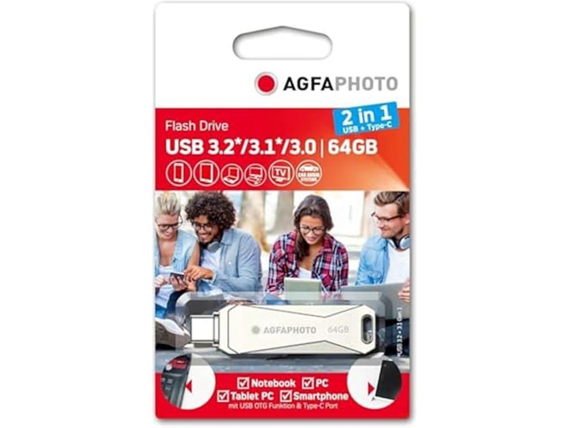 Pen Drive USB - Agfaphoto - 64GB - USB 3.0 - USB Tipo-C - 2 em 1