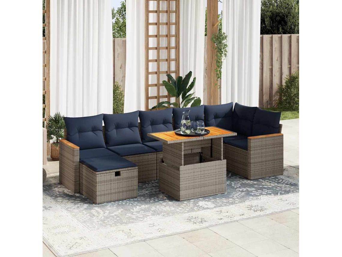 Vidaxl 8 Pcs Conj. Sofás Jardim C/ Almofadões Vime Pe/acácia Cinzento