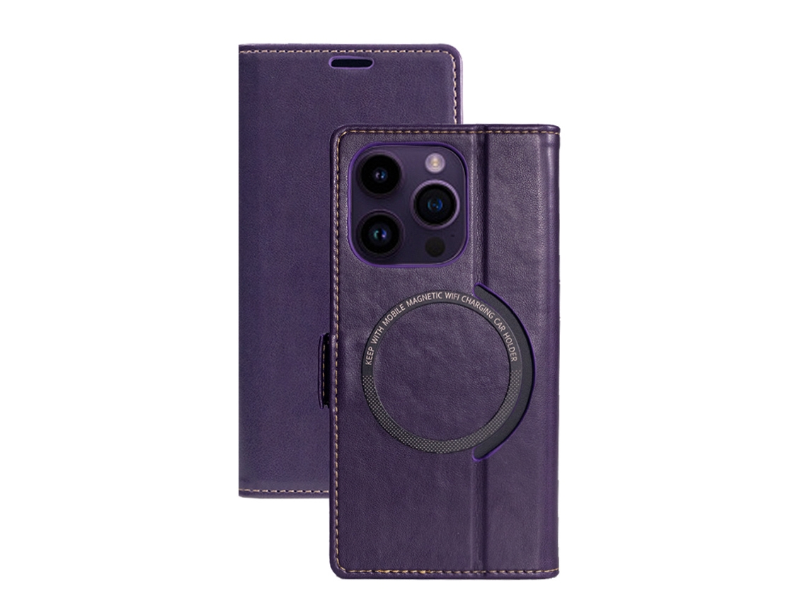 Capa De Couro Flip Magnética Para Iphone 15 Pro, Roxa, Capa Com Carregamento Sem Fio