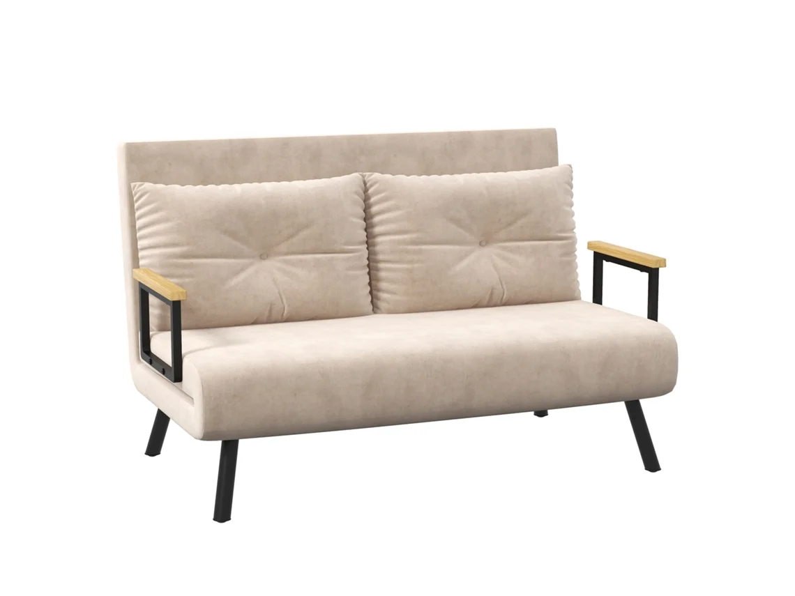 Sofá cama de 2 lugares, encosto ajustável, 2 almofadas, veludo, bege