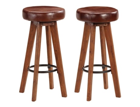Conjunto de 2 Bancos de Bar de Cozinha Madeira Maciça de Acácia Couro Autêntico 1202112 MOBIKASA