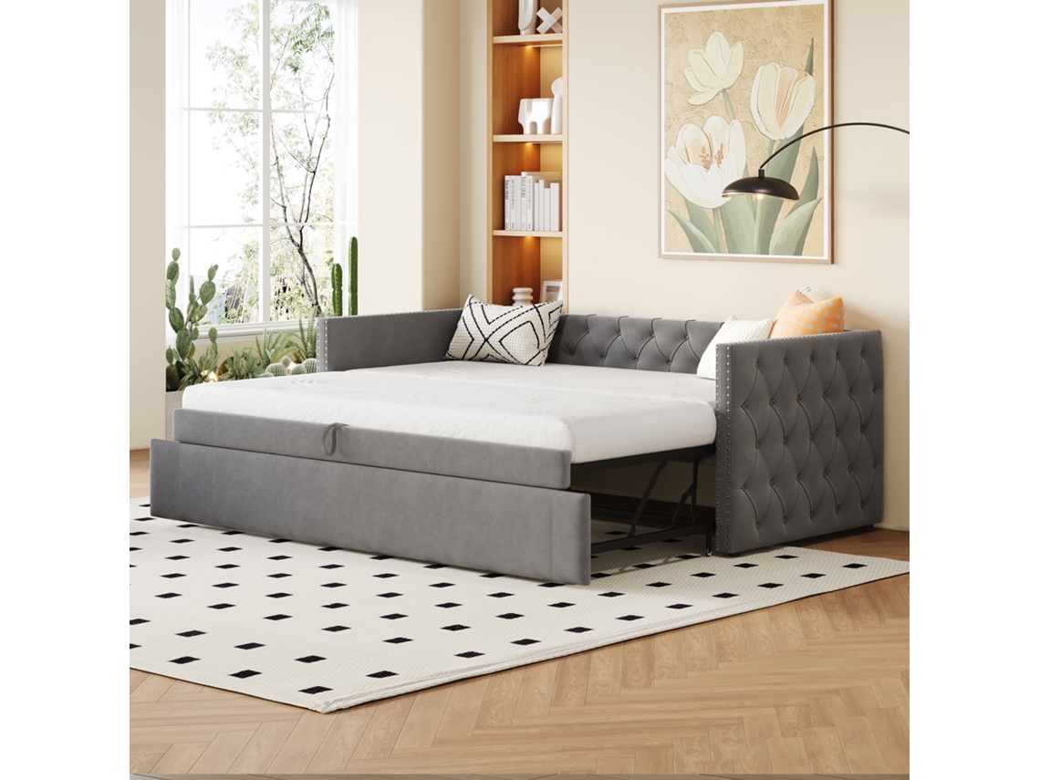 Sofá Cama Extensível 90x200 Cm Samt Cinza Multifuncional Com Rede