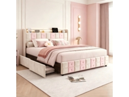 Cama 140x190 cm, ripas, 4 gavetas, luz LED, USB, xadrez branco rosa, veludo branco | ROSAHQNDA
