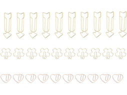 Conjunto genérico com 30 clipes de papel em formato de coração e flecha, ideal para organização de arquivos fora da mesa.
