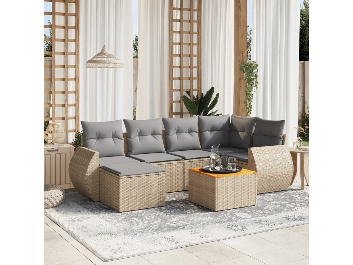 Vidaxl 7 Pcs Conjunto De Sofás P/ Jardim Com Almofadões Vime Pe Bege
