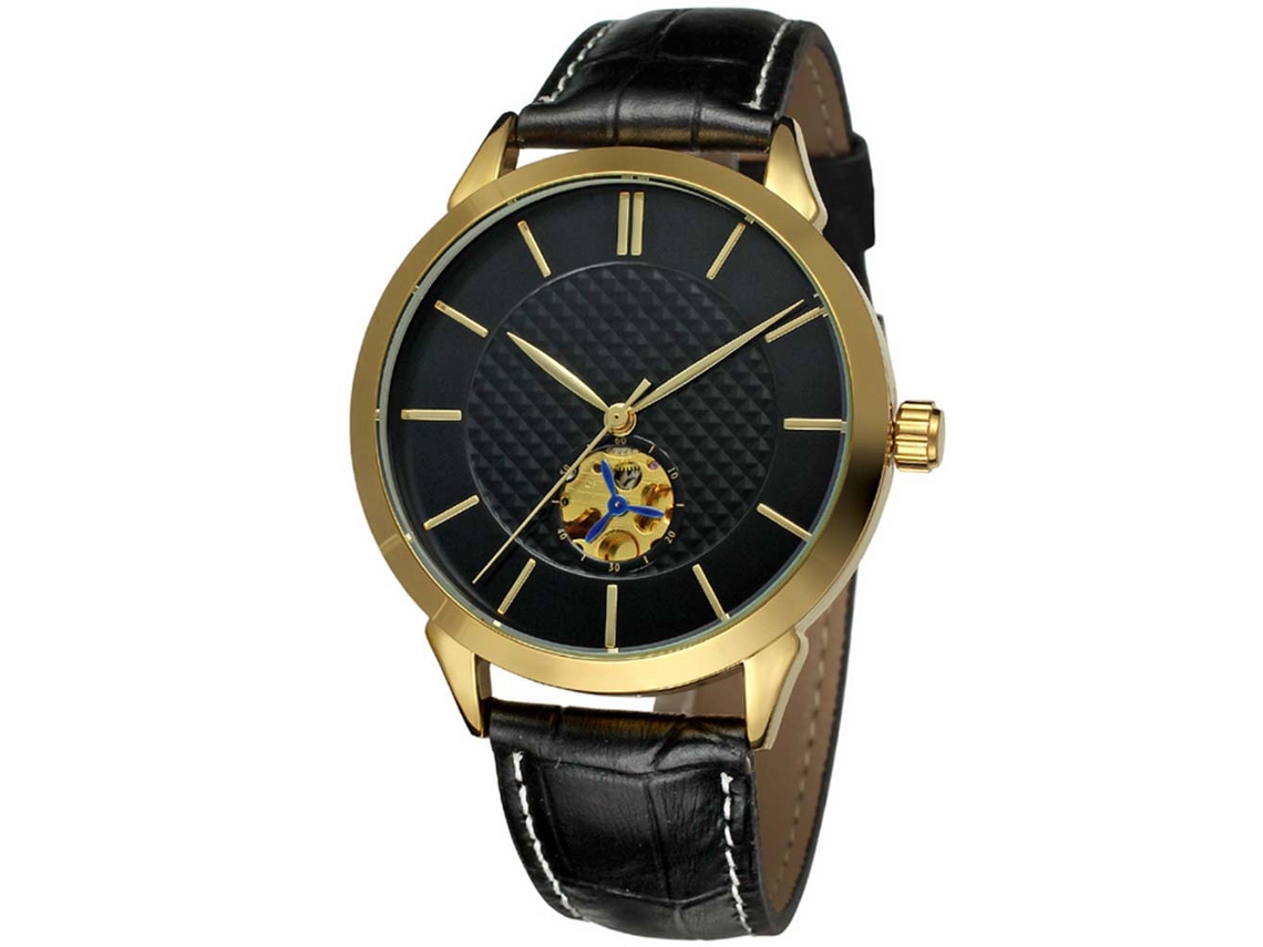 Relógio analógico automático masculino Forsining com pulseira de couro PU (preto e dourado)