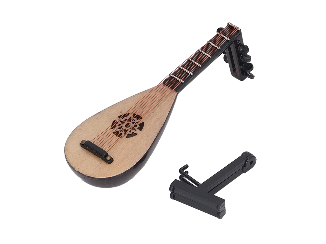 Miniatura de lira em miniatura para decoração de casa de bonecas, simulando um instrumento de corda chinês, como uma guitarra de tubo.
