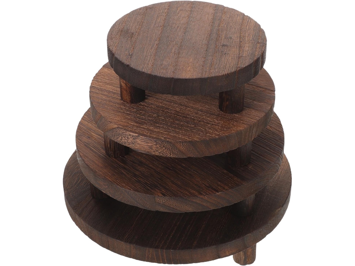Conjunto De 4 Expositores Redondos De Madeira Natural Com Base Estável