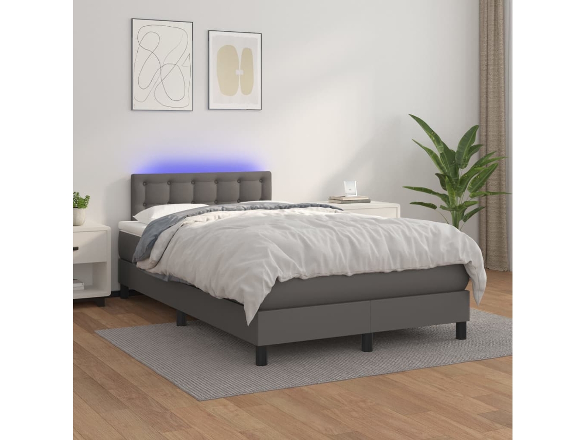 Vidaxl Cama Box Spring C/ Colchão/led 120x200cm Couro Artificial Cinza