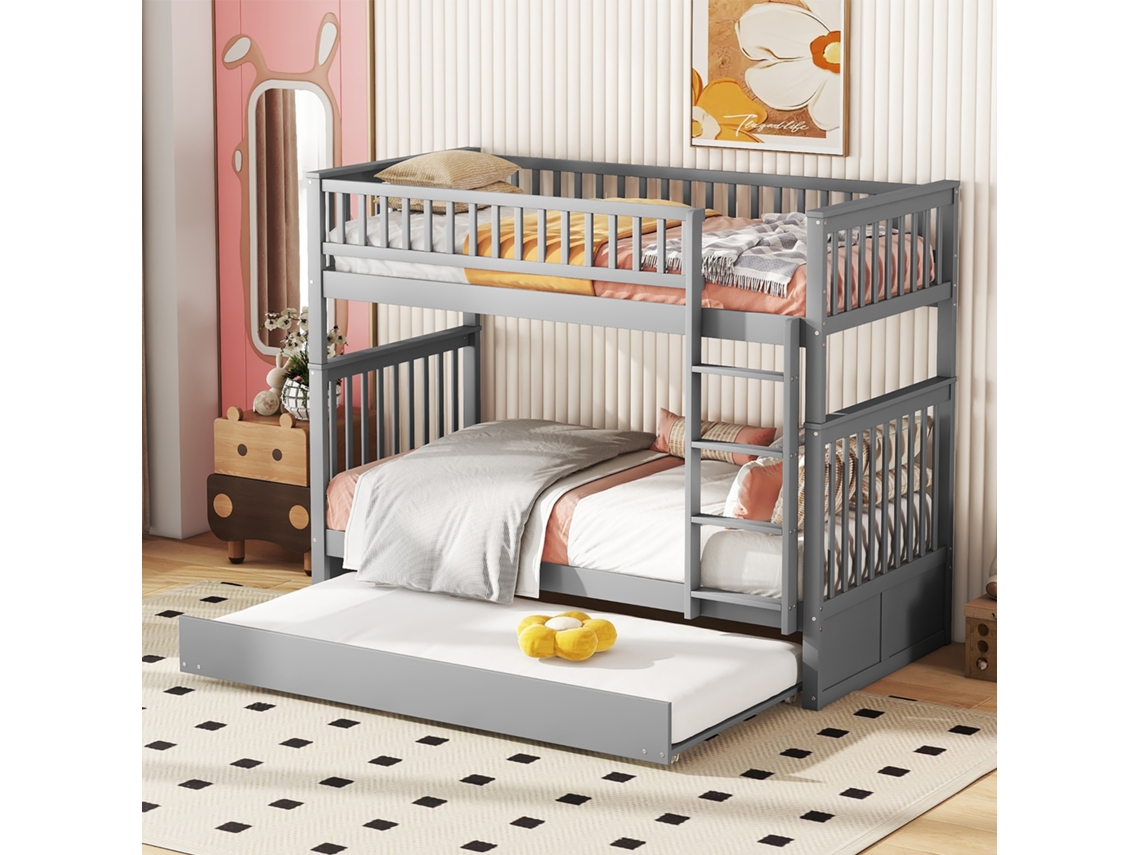 Cama De Berço 90x200cm Cinza Com Rail Alto, Escada E Estabilidade