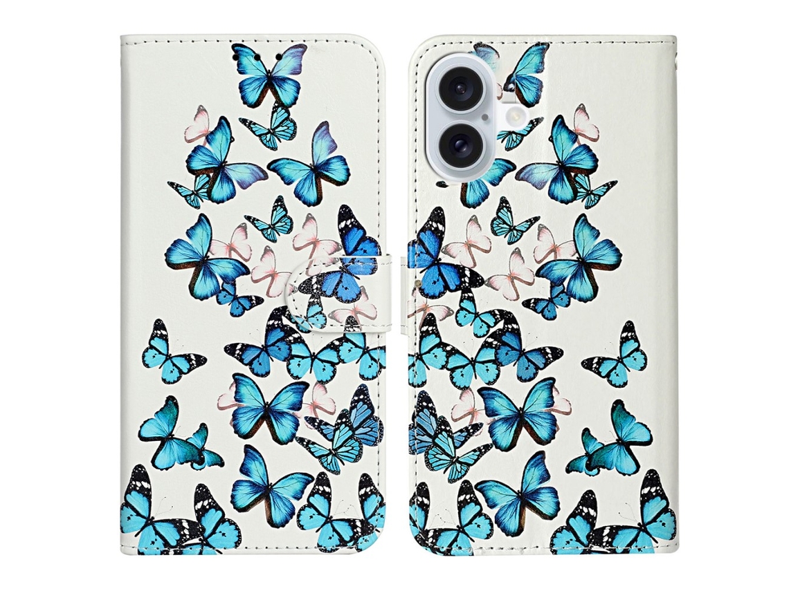 Capa Em Couro Pu À Prova De Choque Para Apple Iphone 16 Plus - Borboleta Azul