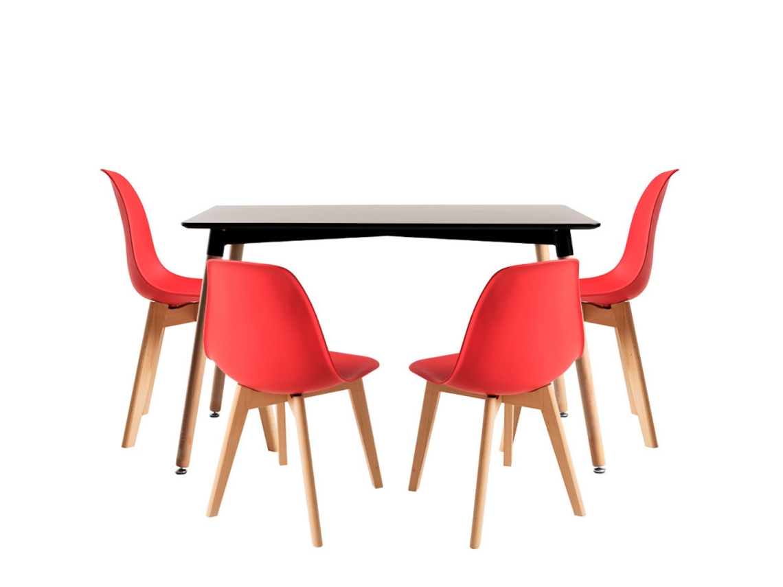 Conjunto Mesa Tower Retangular 120 X 80 Cm Preta E Pack 4 Cadeiras Synk Basic - Vermelho