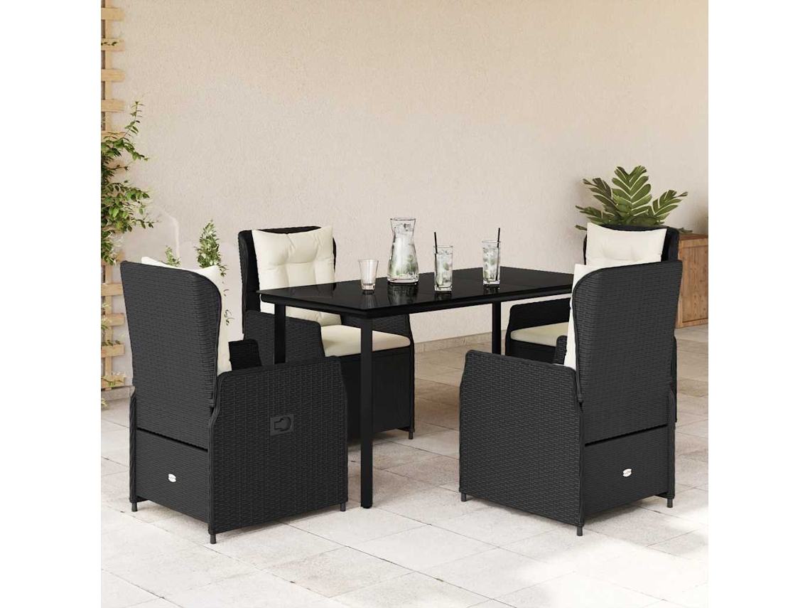 Vidaxl 5 Pcs Conjunto De Jantar P/ Jardim C/ Almofadões Vime Pe Preto