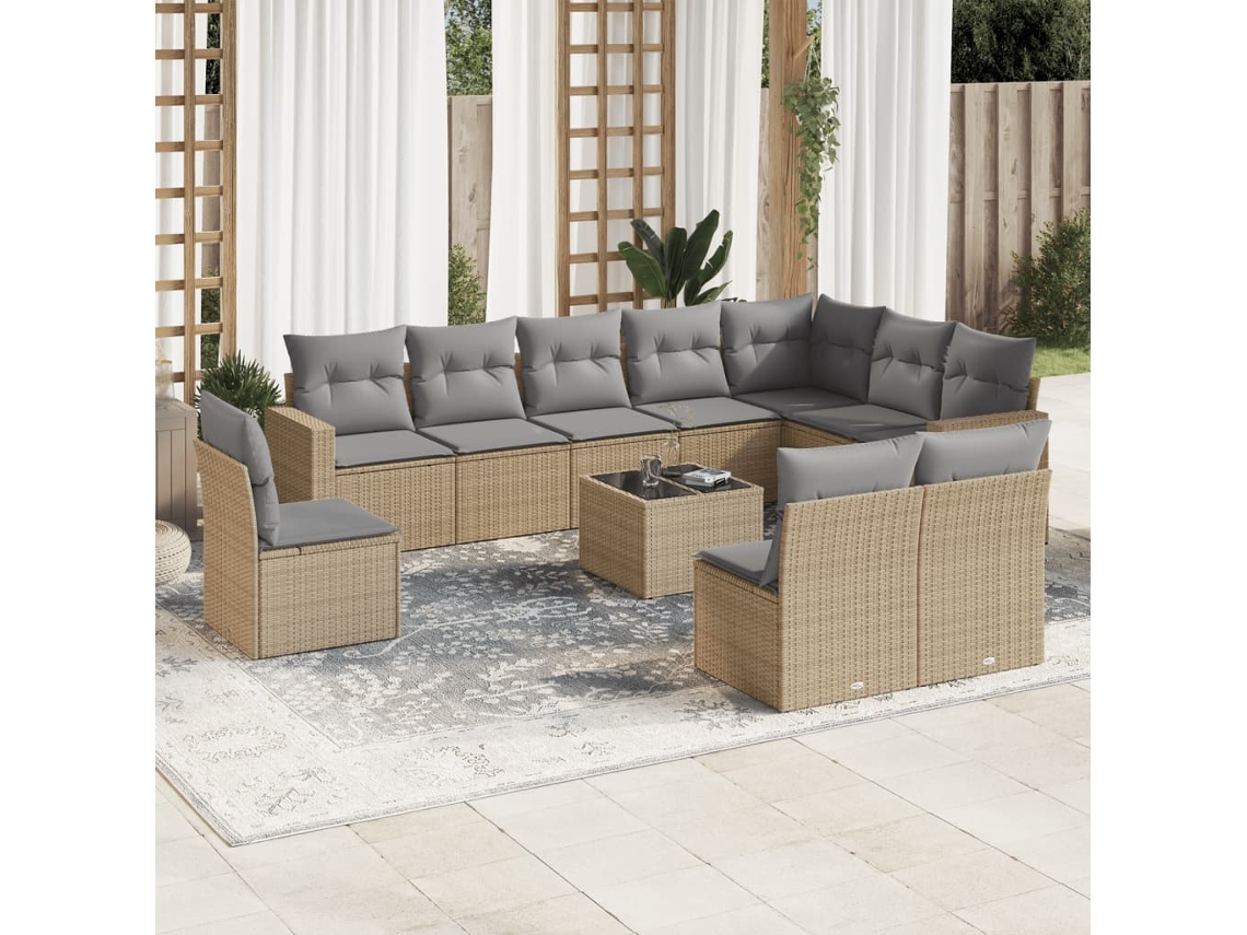 Vidaxl 11 Pcs Conjunto Sofás De Jardim C/ Almofadões Vime Pe Bege