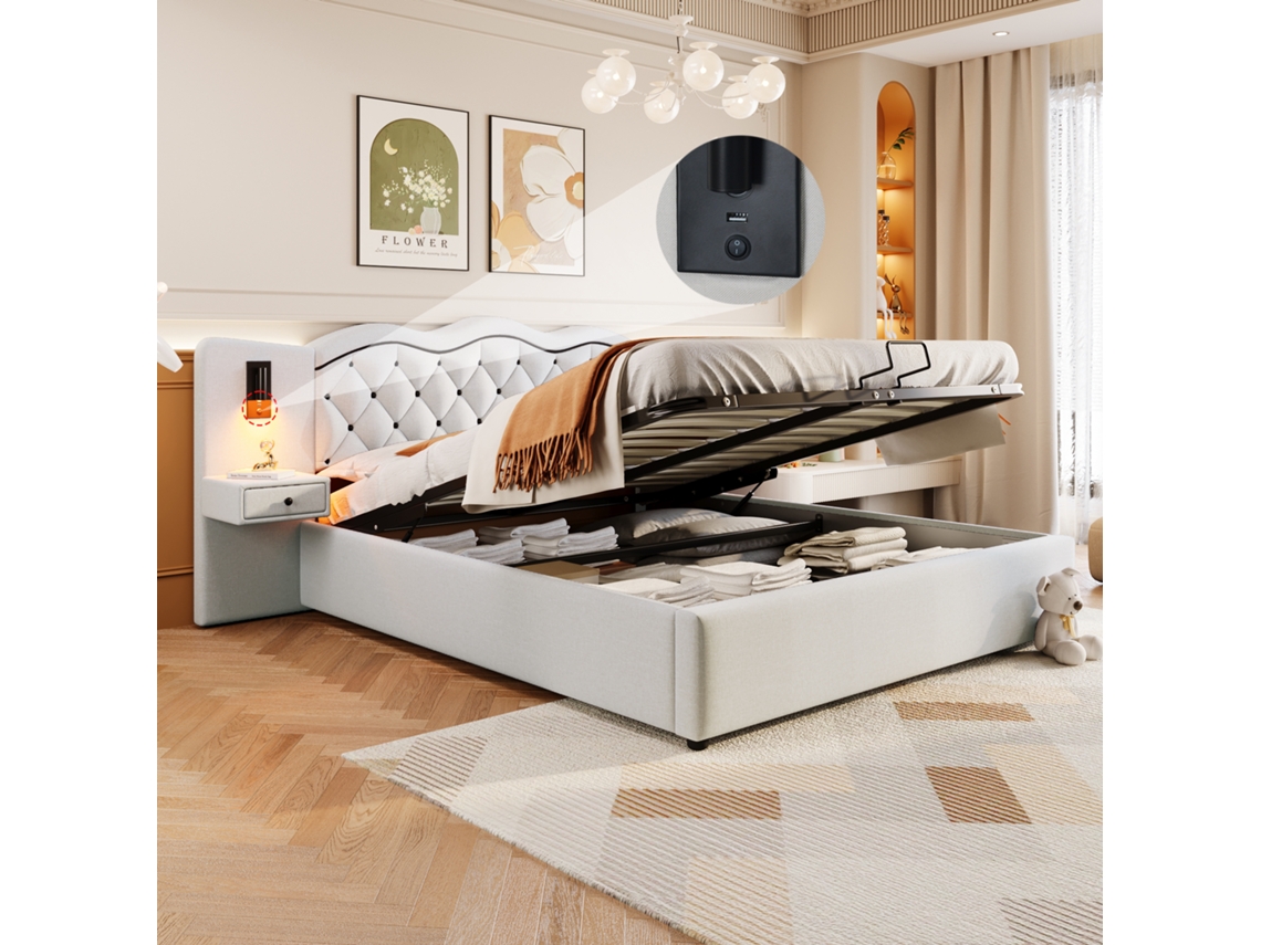 Cama Casal Bege 180x200cm Estofada, Hidráulica, Usb, 2 Abajures, Ripas. -op