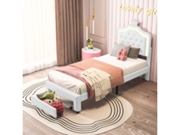 Cama Infantil Estofada, 90x200 Cm, com Cabeceira em Formato de Coroa de Princesa e Iluminação Led, Cama de Solteiro com Gaveta, em Pu Branco INONEFT
