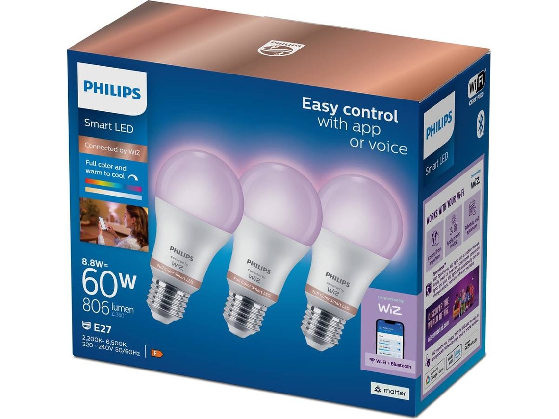 Pack 3 Lâmp PHILIPS Smart LED E27 60W RGB