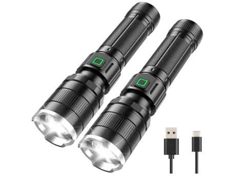 Lanterna Led Ultrabrilhante Recarregável De 2 Pacotes Bateria De 6.000 Lúmens Alimentada Com 3 Modos De Iluminação E Foco Ajustável Preto