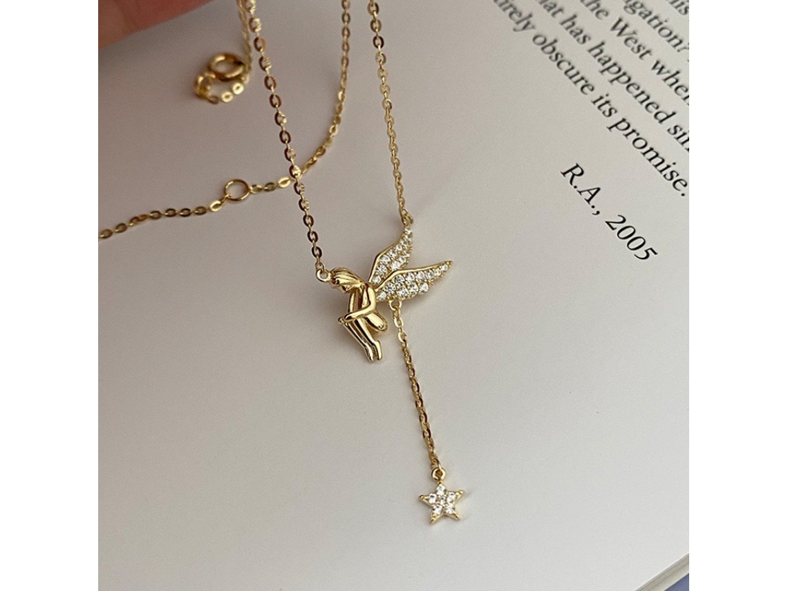 Colar Angel's Love em Prata de Lei 925 com Fada e Zircônias Microcravadas, Pingente de Estrela de Luxo com Borla. MDUG