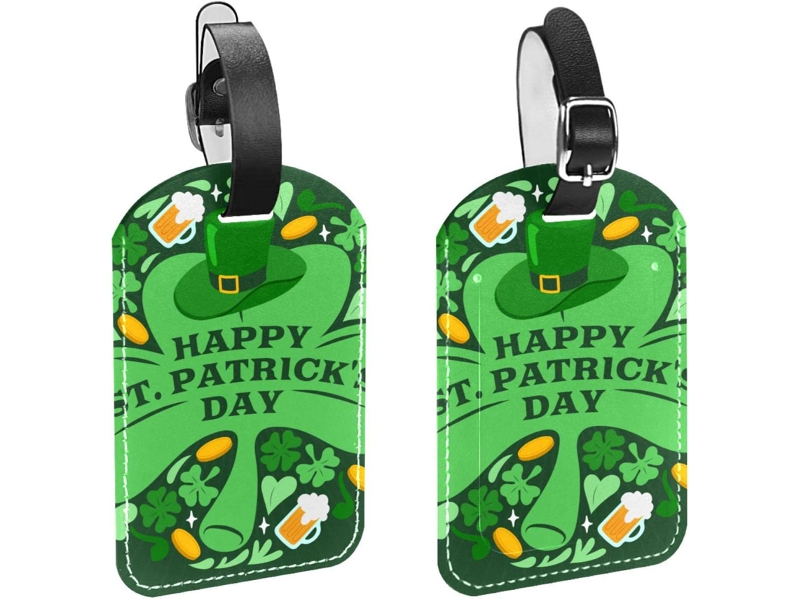 Conjunto De 2 Etiquetas Bagagem Com Alça Segurança Bolsa, Mala, Carteira, Design De Trevo, Verde