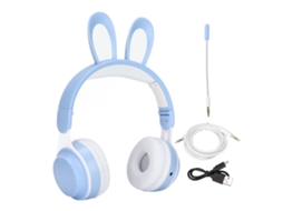 Auriculares Bluetooth 5.0 para niños con orejas de conejo y luces LED, inalámbricos, para clases online, azul
