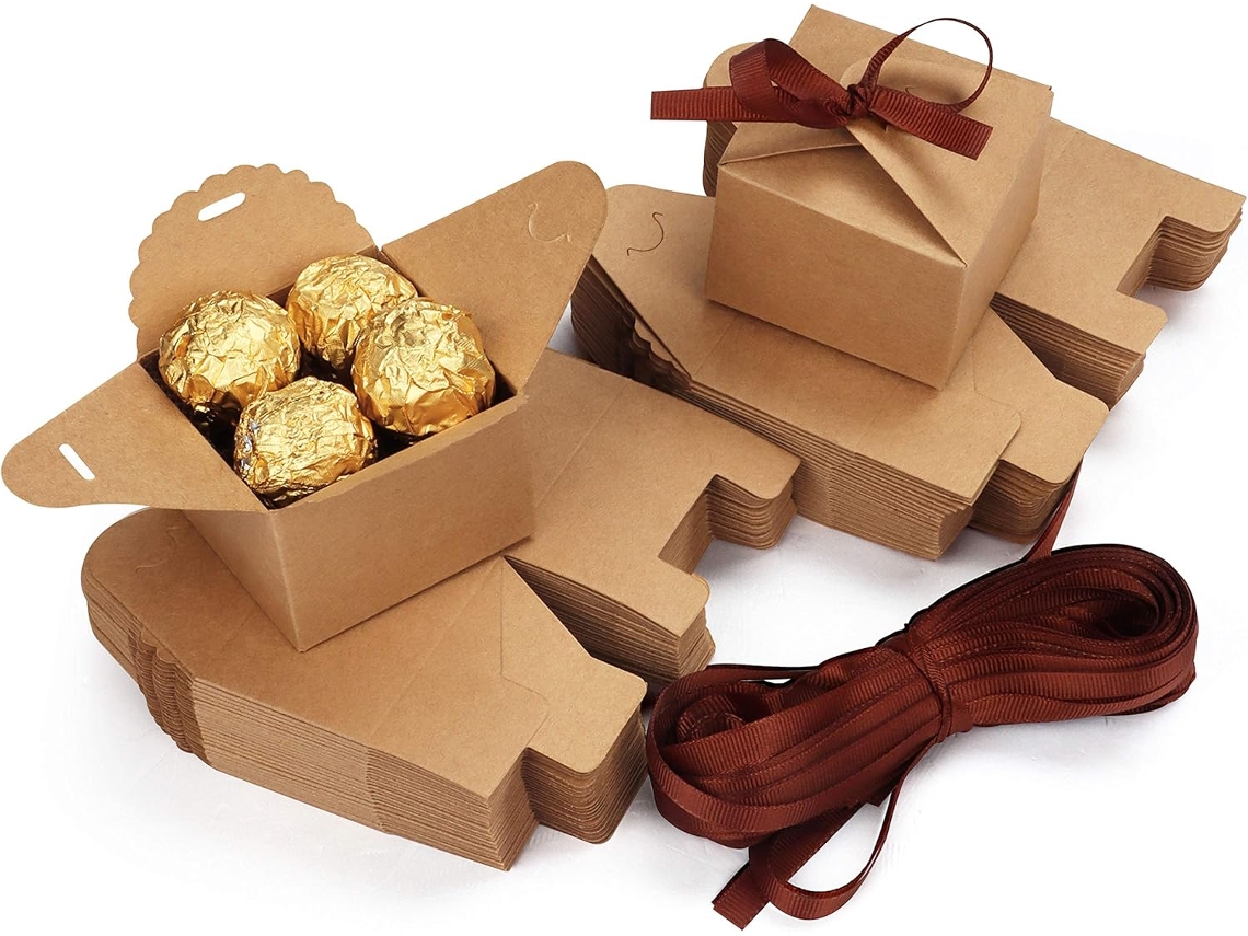 Conjunto De 60 Pequenas Caixas De Presente De Papelão Marrom Com Fita 6. Slowmoose
