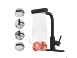 Torneira De Cozinha, Aço Inoxidável, Preta, 4 Posições De Jato Extensível, Água Quente E Fria, Rotação De 360°