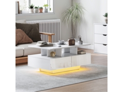 Mesa De Centro Branca Brilhante 90x55x41 Cm Com Iluminação Led De 16 Cores E 4 Gavetas Abertas Para Sala De Estar - Design Moderno