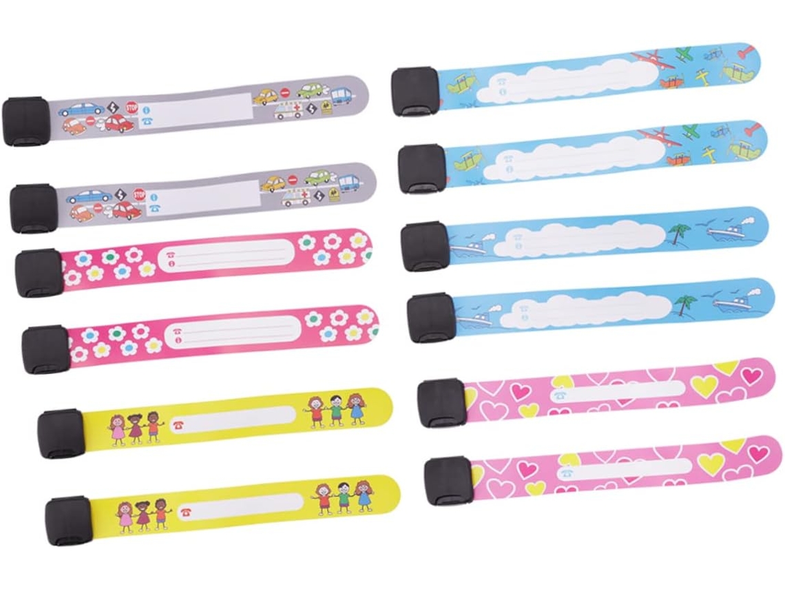 Pulseiras infantis anti-perda, 12 peças em PVC com desenhos animados.