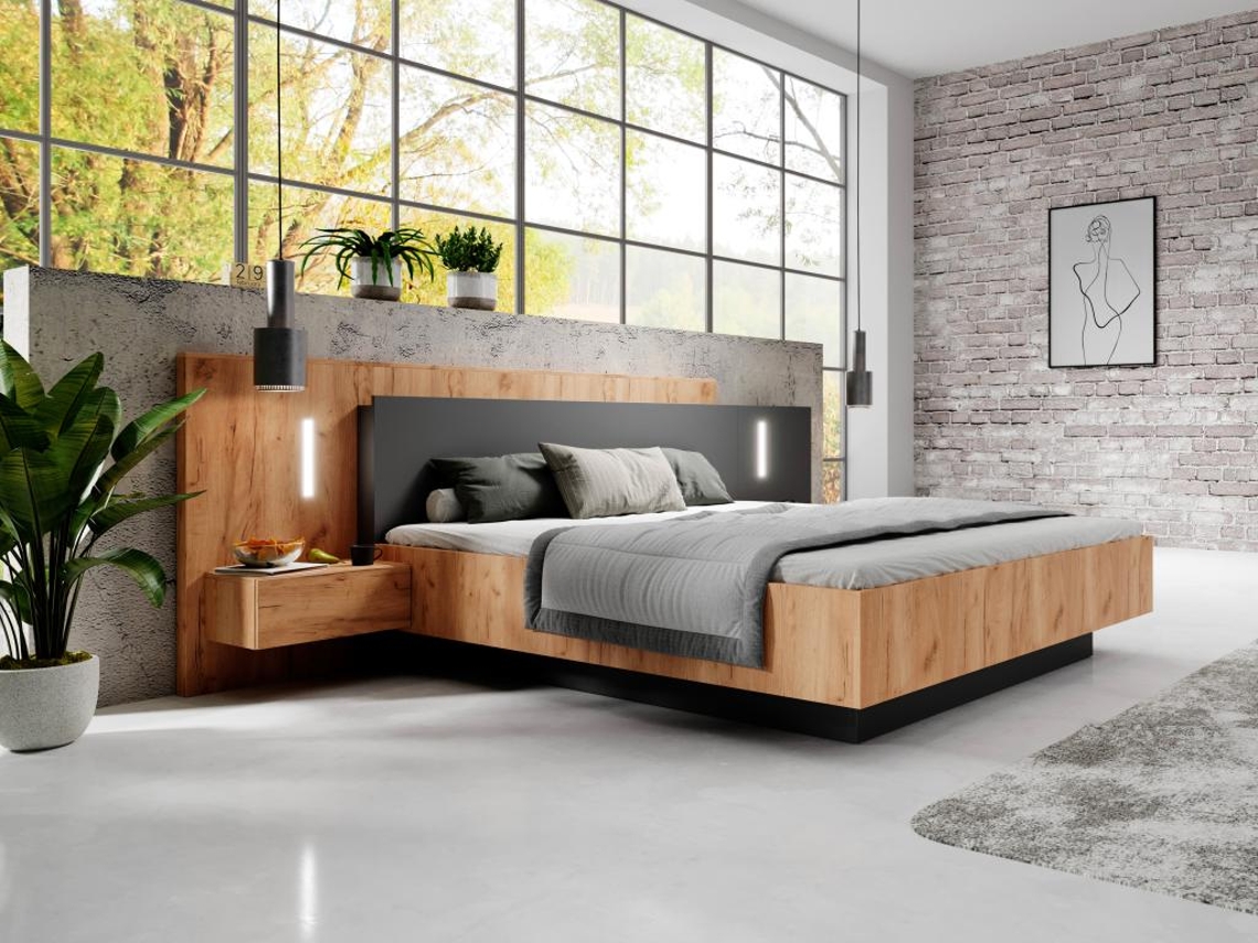 Cama com cofre FRANCOLI VENTE-UNIQUE.PT Cinza antracite, Natural claro 160x200 cm - Com colchão - Com sommier