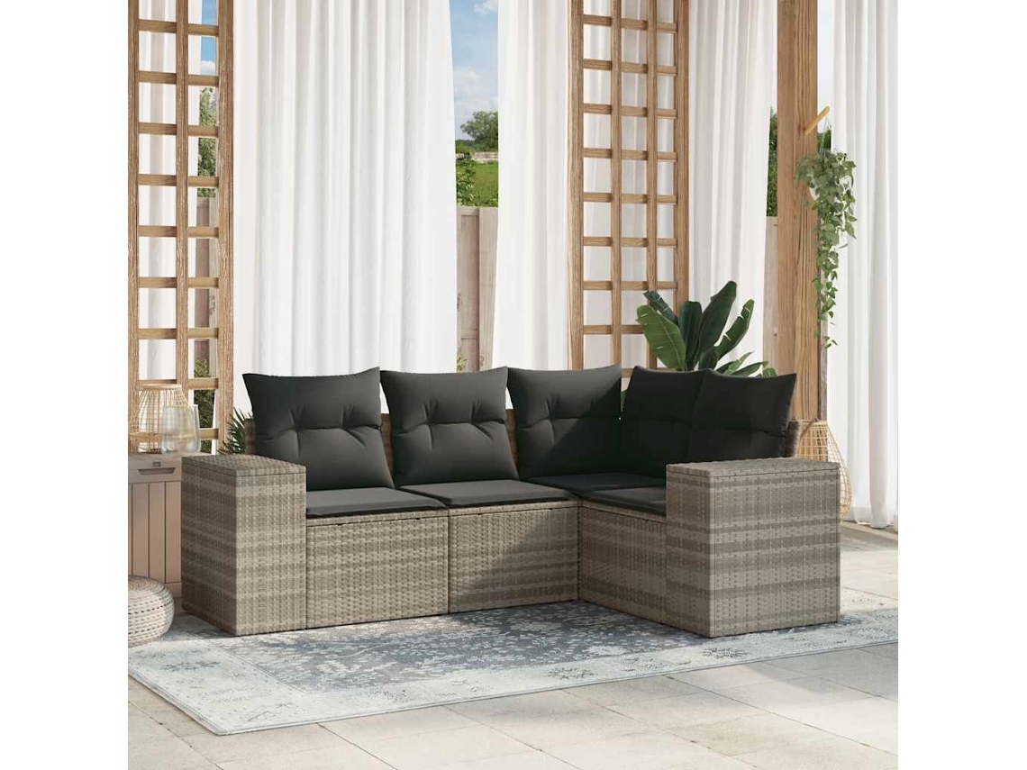 Vidaxl 4 Pcs Conj. Sofás Jardim C/ Almofadões Vime Pe Cinzento-claro