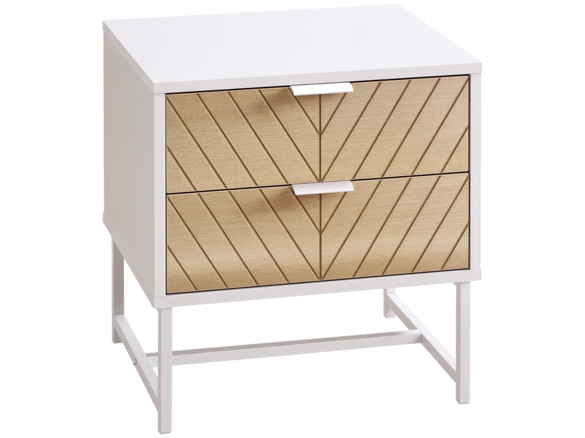 Mesa De Cabeceira Com 2 Gavetas E Pés De Aço 45x39x48cm Carvalho E Branco