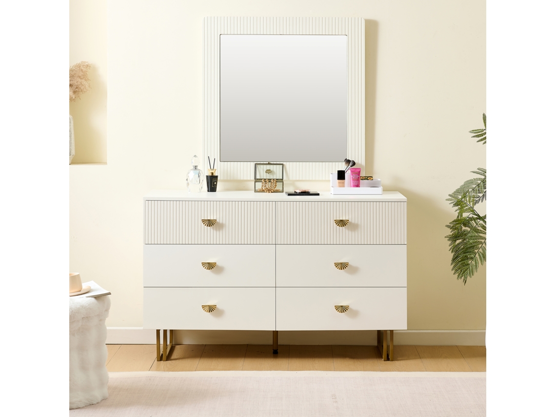 Conjunto moderno de buffet e espelho branco com 6 gavetas e detalhes dourados (80x80 cm)
