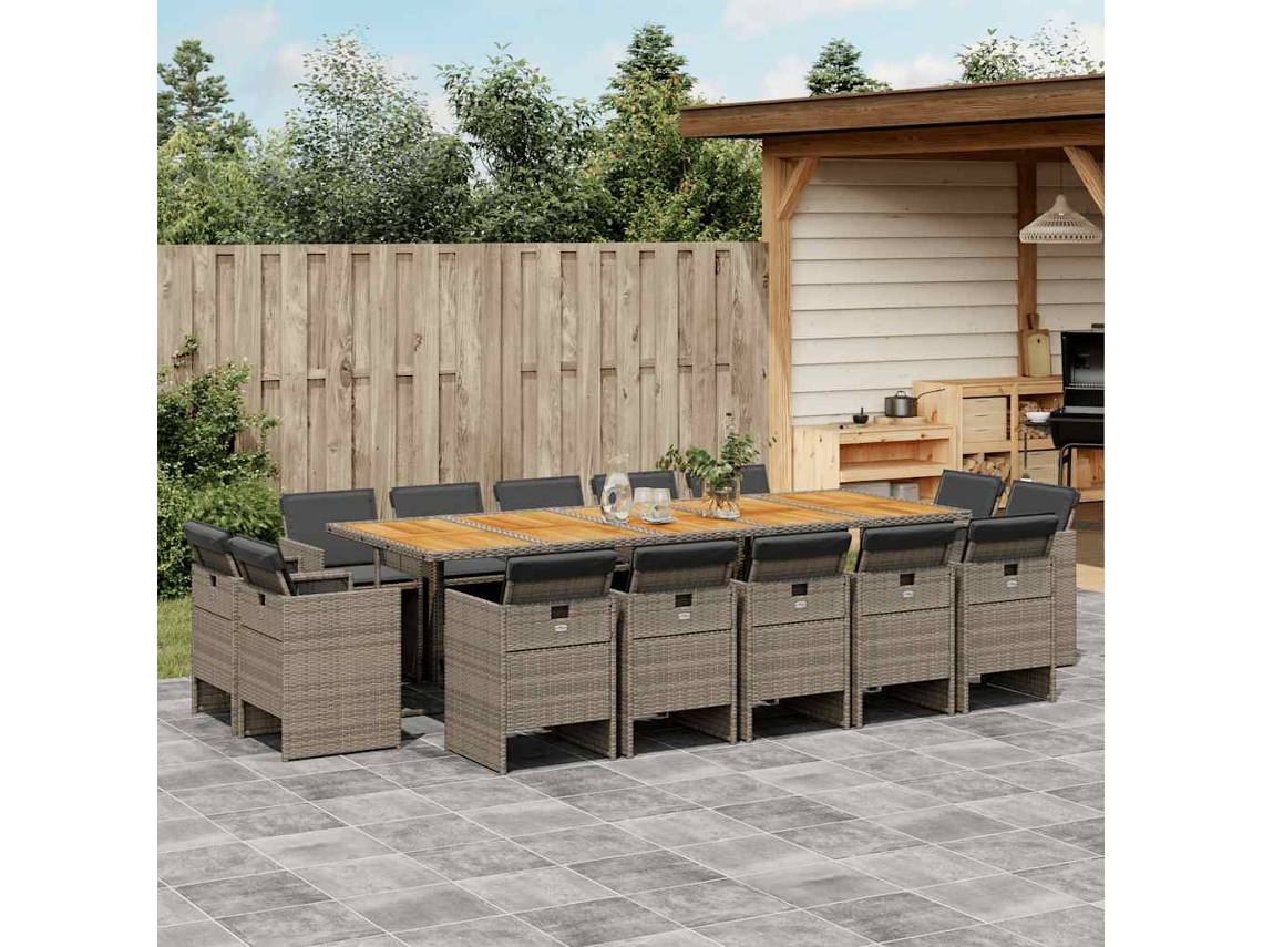 Vidaxl 15 Pcs Conjunto Jantar P/ Jardim C/ Almofadões Vime Pe Cinzento