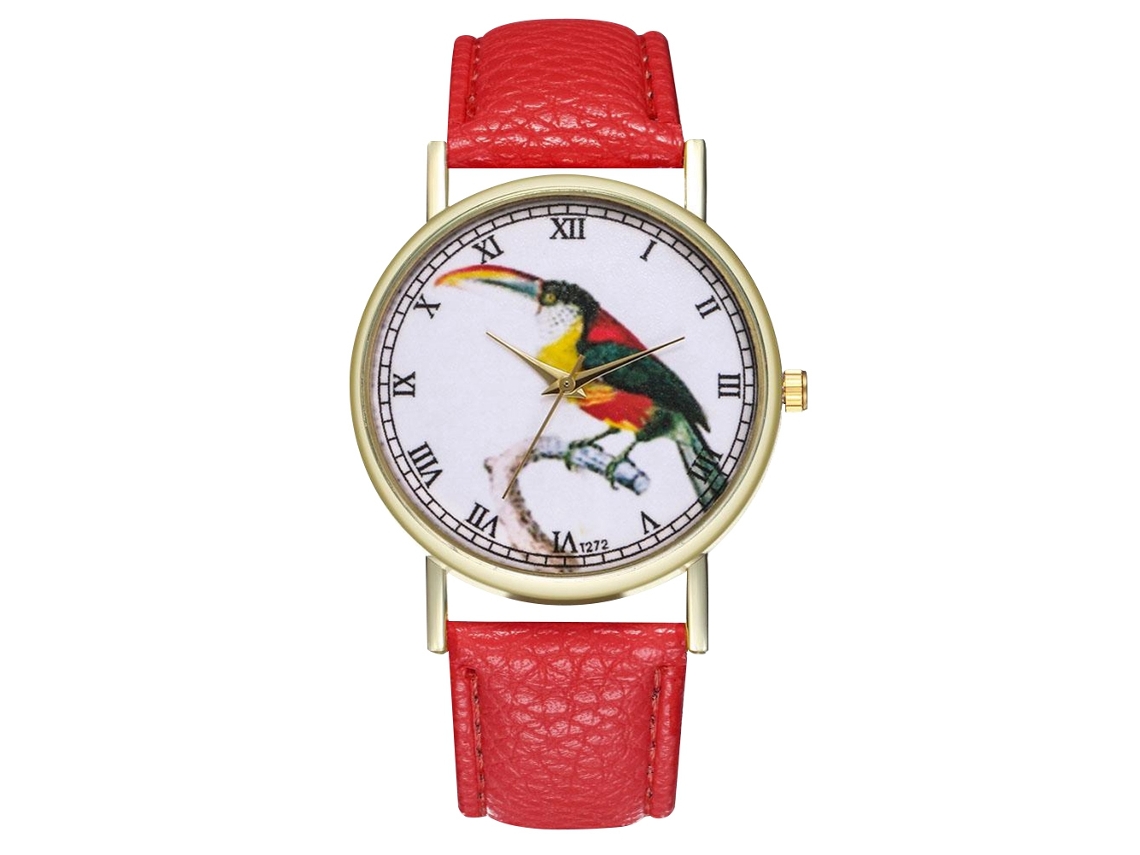 Relógio de quartzo com pulseira de couro PU, mostrador com desenho de pássaro, unissex, vermelho Zhoulianfa