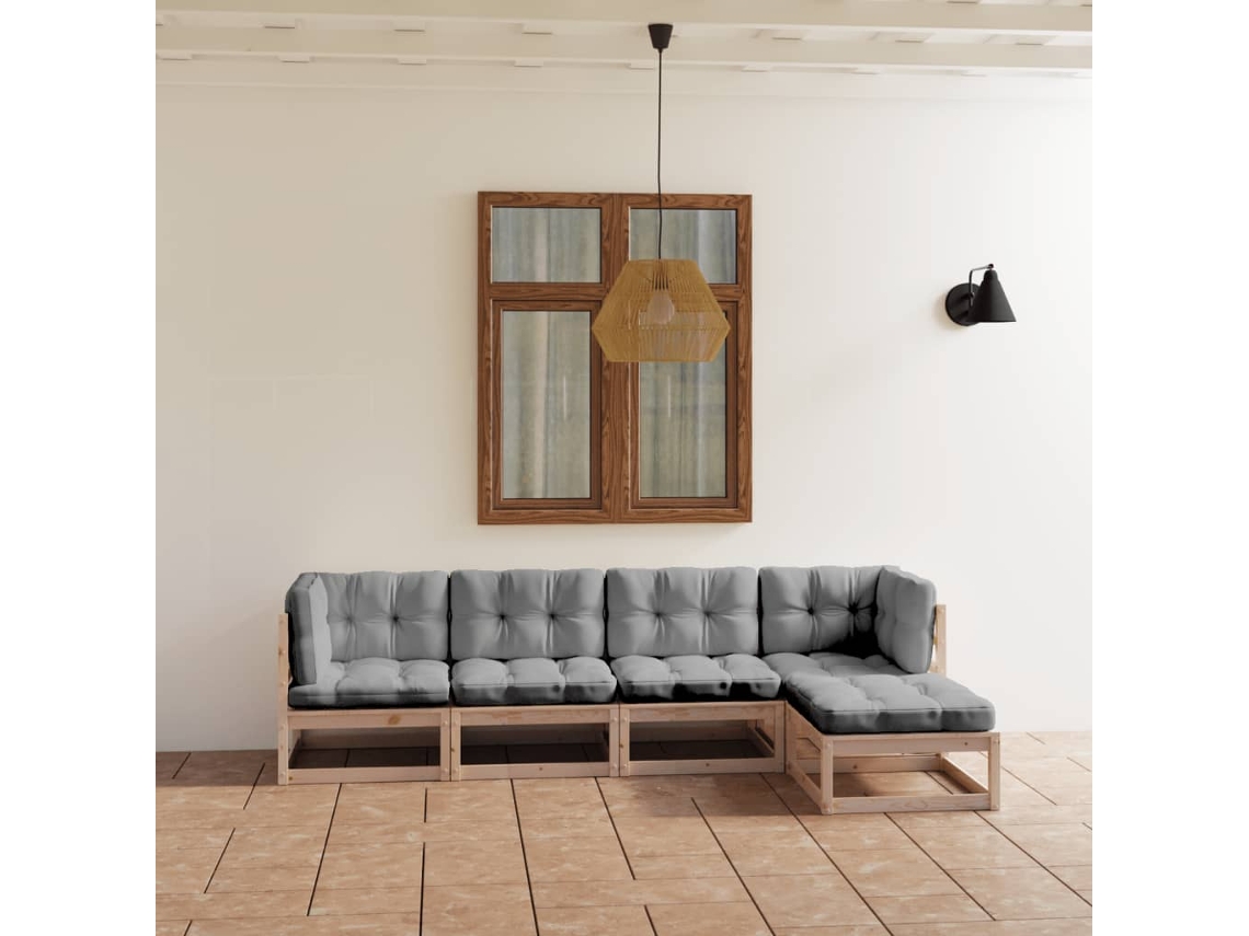 Vidaxl 5 Pcs Conjunto Lounge De Jardim C/ Almofadões Pinho Maciço