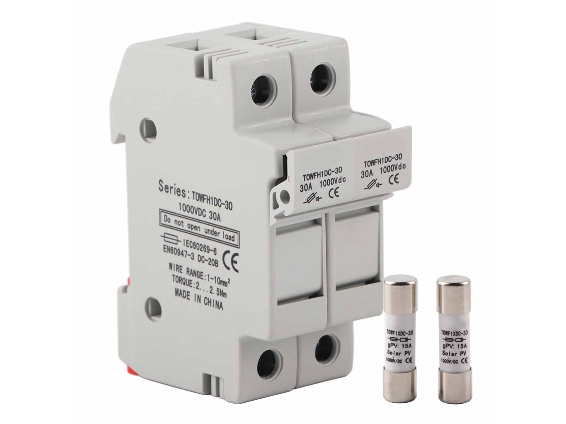 Base de Fusível 2 Polos 1000VDC 15A com Fusíveis para Trilho DIN