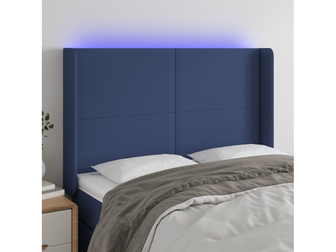 Vidaxl Cabeceira De Cama C/ Luzes Led Tecido 147x16x118/128 Cm Azul