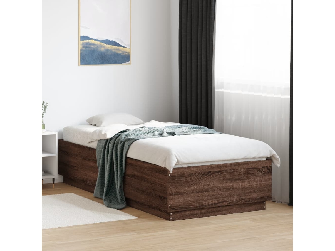 Vidaxl Estrutura Cama C/ Luzes Led Derivados Madeira Carvalho Castanho