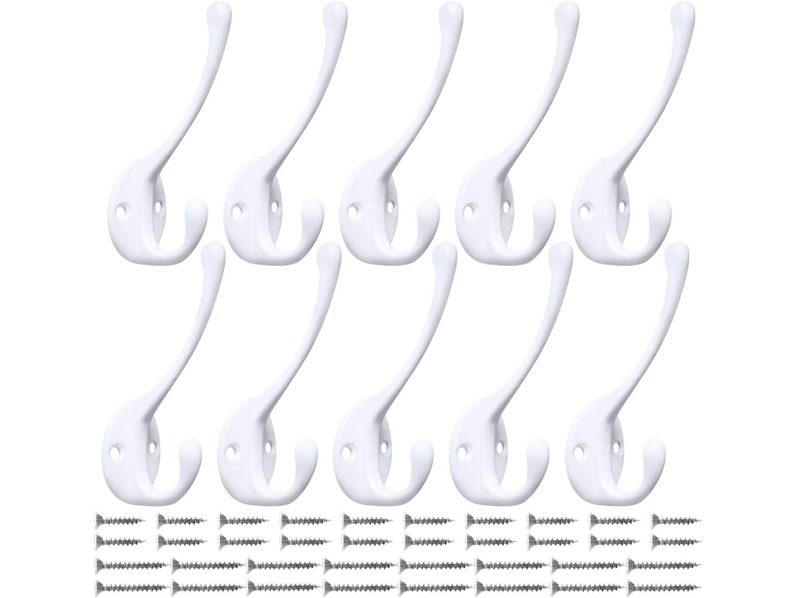 Conjunto De 10 Ganchos Duplos Reforçados Para Parede Com 20 Parafusos