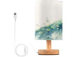 Abajur De Cabeceira Led Com Pavão Em Aquarela, Ideal Para Quarto, Leitura Com Cúpula De Tecido, Base De Madeira E Porta