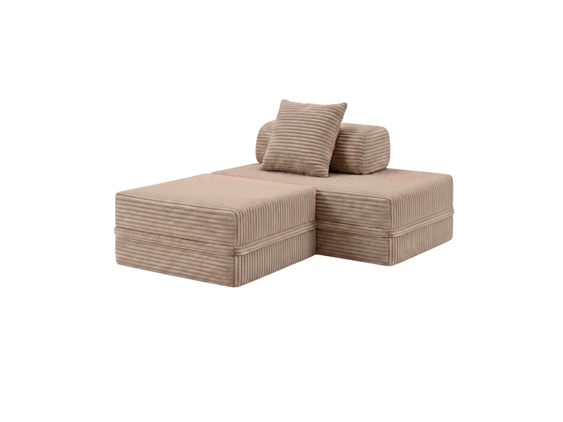 Sofá Modular 2 Lugares + Puff Convertível Veludo Listado Taupe SKOFFA