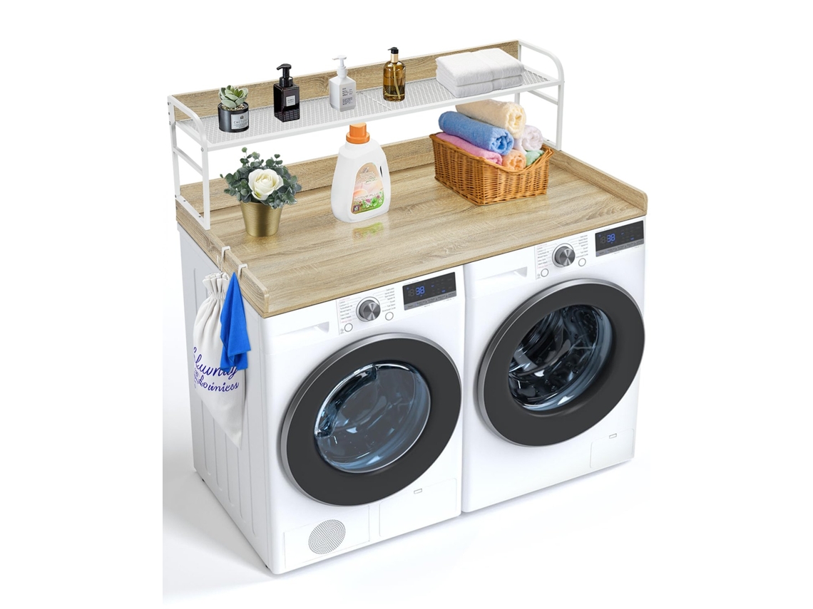 Bancada de Lavandaria Vevor para Máquina de Lavar Secadora com Prateleiras 137x70cm, Carvalho