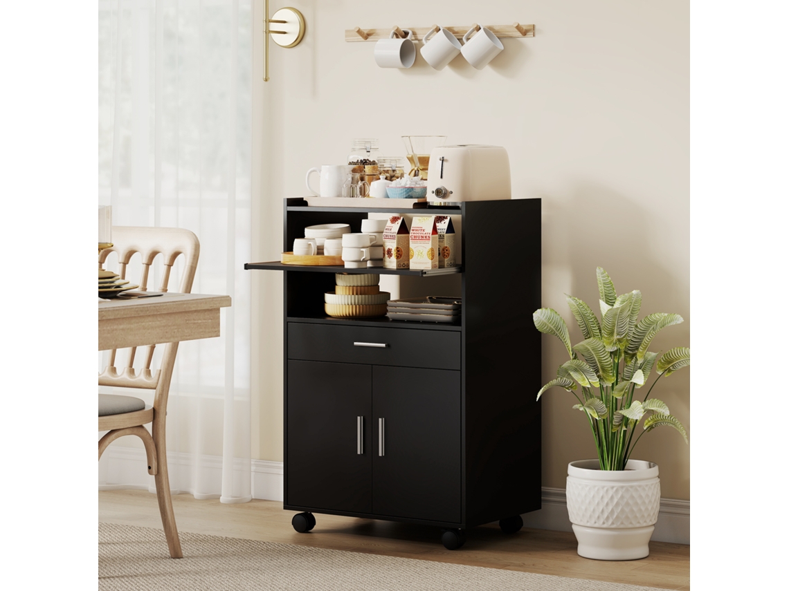 Mobile Microonde In Legno Con Cassetto, Armadietto A 2 Ante E 2 Ripiani, 59x40x92 Cm, Nero