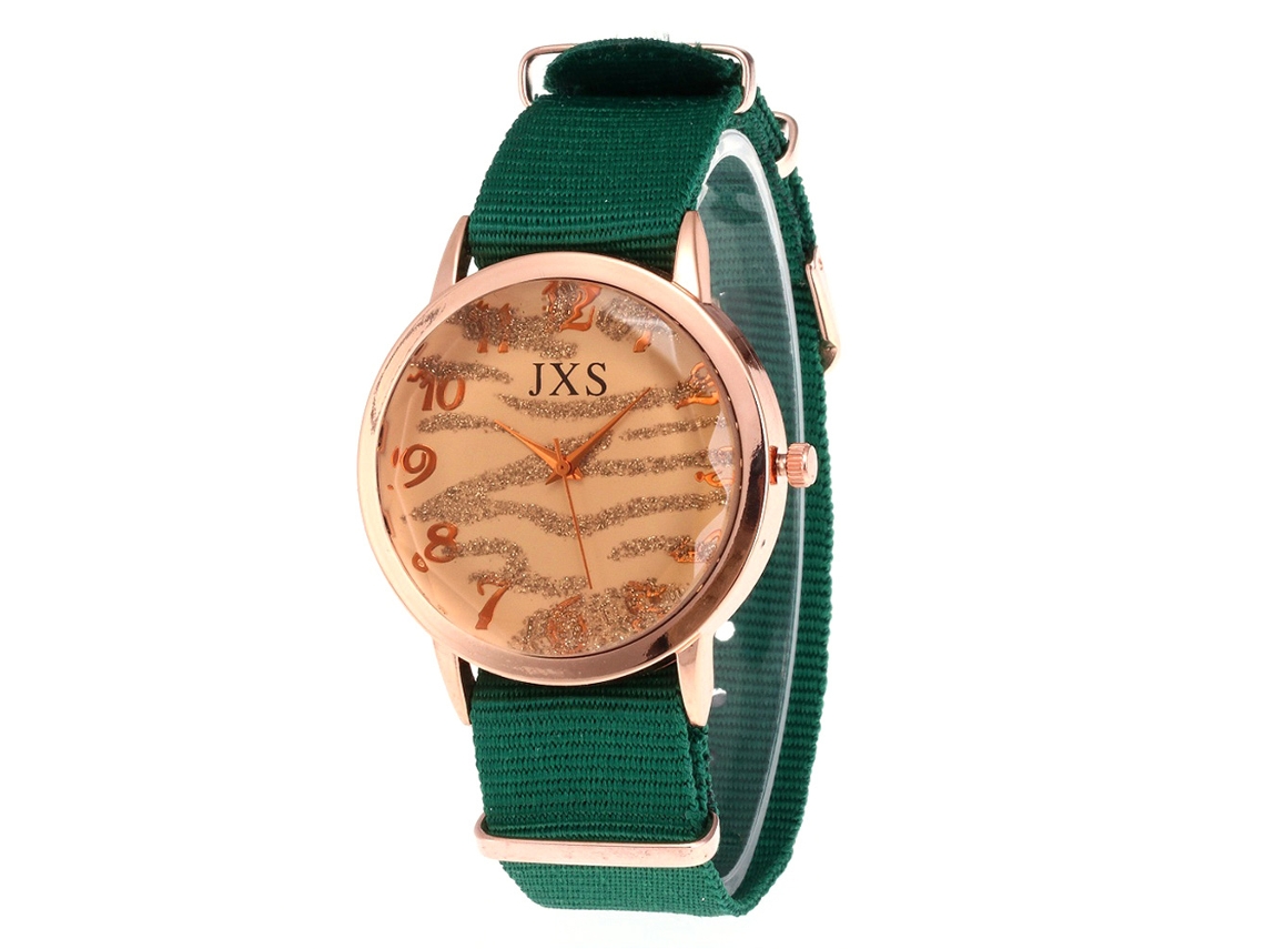 Relógio de pulso unissex vintage simples em couro nylon verde com mecanismo de quartzo.