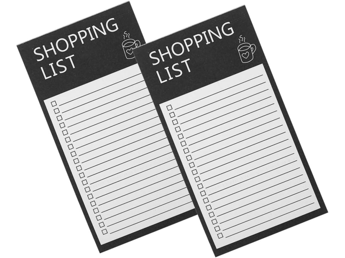 Conjunto de 2 blocos de notas magnéticos para compra, design exclusivo e leve, brinde para geladeira, anotações em inglês.