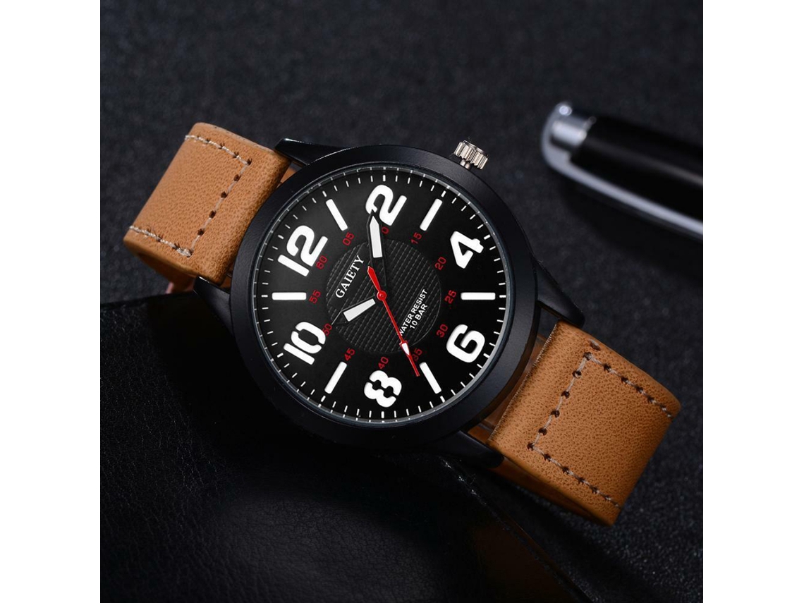 Relógio de pulso masculino casual Gaiety com movimento analógico de quartzo e pulseira de PU bege.