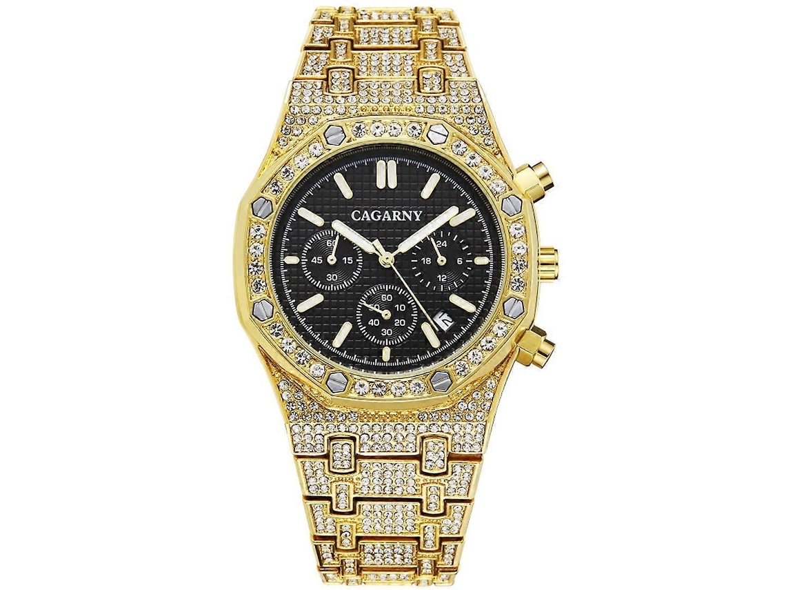 Relógio Masculino Cagarny 6881 Com Movimento Duplo Gartz, Cravejado De Diamantes E Seis Ponteiros, Pulseira De Aço Inoxidável.