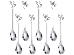 Conjunto de 8 colheres de café Linjou 2026, em aço inoxidável, com formato de folha de prata, ideais para café e sobremesas.